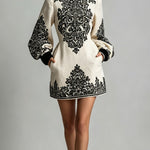 Ivory Black Ornamental Print High-Neck Long Sleeve Mini Dress