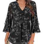 Nadorine 3/4 Sleeve Ruffle V Neck Flowy Floral Mesh Blouses