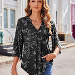 Nadorine 3/4 Sleeve Ruffle V Neck Flowy Floral Mesh Blouses