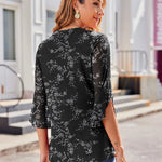 Nadorine 3/4 Sleeve Ruffle V Neck Flowy Floral Mesh Blouses