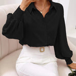 Nadorine V Neck Crinkle Crepe Lantern Sleeves Shirt Top Button-Down Loose Blouse