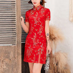 Burgundy&Red Plum Blossom Print Stand Collar Short Cheongsam