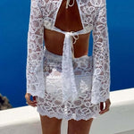 Santorini Sunset Floral Lace Long Sleeve Backless Tie-up Vacation Mini Dress