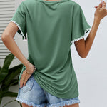 Pom-Pom Trim Flutter Sleeve Round Neck Tee Casual Blouses Tops
