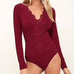 V-neck Lace Trim Long-sleeved Bodysuits
