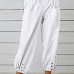 Loose casual button down cropped cotton linen trousers wide leg