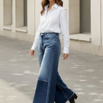 High Waisted Wide Leg Contrast Color Fringed Split-Joint Jean Pants Bottoms