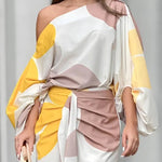 Unique Printed Balloon Sleeve Loose Top and Fringed Hem Skirt Set