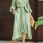 High-Low Puff Sleeves Pleated Solid Color Lapel Collar Maxi Dresses