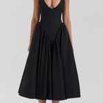 Solid Halter Deep V Neck A-Line Midi Dresses