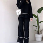 Nadorine Casual Two-pieces Outfits Solid Color Casual Top Loose Bootcut Trousers Pants Sets