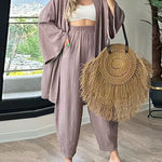 Nadorine Women's Casual Comfort Set Loose Cardigan Top & High-Waist Wide-Leg Pants with Pockets