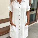 Loose Short Sleeves Buttoned Pockets Lapel Mini Dresses