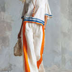 Casual Urban Style Contrast-Trimmed White T-Shirt & Wide-Leg Pants Cotton-Linen Set