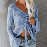 Front Tie Crop Knits Tops Ruched Drawstring Knitted V Neck Long Sleeve T Shirts