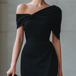 Black Asymmetric Off-Shoulder Midi Dress