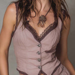 Lace-Trim Button Vest & Ruffle Shorts Set