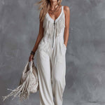 Casual Retro Western V-Neck And Fringe White Faux Suede Jumpsuit