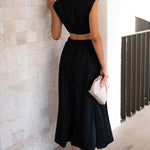 Cap Sleeve Belly-Hollow Pleated Solid Color Stand Collar Maxi Dresses