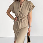 Nadorine Women's Cotton Linen Dress Round Neck Single Breasted Button Sleeves Drawstring Slit Mid Length Dress