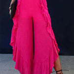 Rose Ruffle Slit High Waist Wide Leg Pants