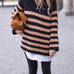 Quarter Zip V Neck Ribbed Knit Striped Pullover Sweater