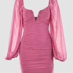 Sexy V-neck Mesh Puff Sleeves Backless Dress