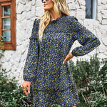 Long Sleeve Dress Boho Floral Ruffle High Neck Mini Dress Casual Loose Pleated Flowy Dresses