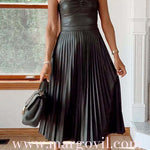 Strapless Pleated Faux Leather Midi Dress(2 Colors Available!)