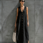 Women's Elegant Black V-neck Cotton And Linen Blend Sleeveless Maxi Dress