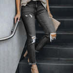 Ripped Stretch Skinny Jeans Mid Waist Distressed Denim Pants