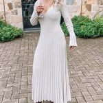 Long Sleeve Dress V-Neck Knit Maxi Dress Ribbed Elegant Long High Waist Pleated Dresses