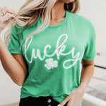 Nadorine Crewneck Short Sleeve Tees St Patricks Day Shamrock Print T Shirts