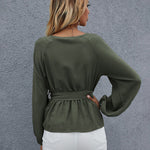 Nadorine V Neck Leisure Long Lantern Sleeve Belt Solid Shirt Tops