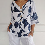 Nadorine Cotton Linen Two-piece Set Rose Print Top & Wide Leg Pants
