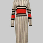 Long Sleeves Skinny Contrast Color Striped High Neck Midi Dresses Sweater Dresses