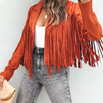 Slim Lapel Tassel Coats Soild Short Jackets Fringe Long Sleeve Party Cardigan