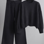 Urban Loose Long Sleeves Solid Color Round-Neck High-Low Sweater Tops & Wide Leg Pants Suits