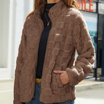 Long-sleeved Zippered Cardigan Loose Solid Color Checkered Plush Jacket