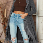 Mineral Washed Tassel Open Front Long Cardigan