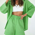 Nadorine Cotton Two-Piece Set Loose Fit Long-Sleeved Button Shirt Casual Shorts Suits