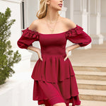 Solid Color Long Sleeve Dress Square Neck Lotus Leaf Mini Dress