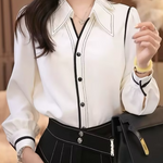 Long Sleeves Buttoned Contrast Color Pleated Lapel Blouses&Shirts Tops