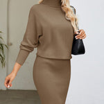 Turtleneck Knit Dress Long Sleeve Elegant Ribbed Jumper Bodycon Dress
