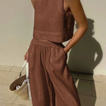 Solid Color Round-Neck Sleeveless Vest + Elasticity Wide Leg Pants Two Pieces Set