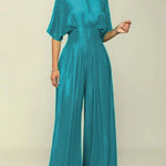 Half Sleeves High Waisted Pleated Solid Color Mock Neck Jumpsuits
