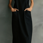 Women's Elegant Black Woven High-neck Sleeveless Midi Dress