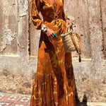 Sunflower Print Ring Cutout Waist Long Sleeve Maxi Dress