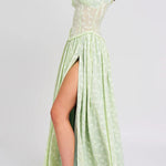 Ulissa Light Green Square Neck Jacquard Textured High Slit Maxi Dress