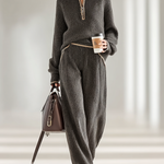Women's Minimalist Loose Knit Zipper Half Turtleneck Sweater Wide-Leg Pants Set